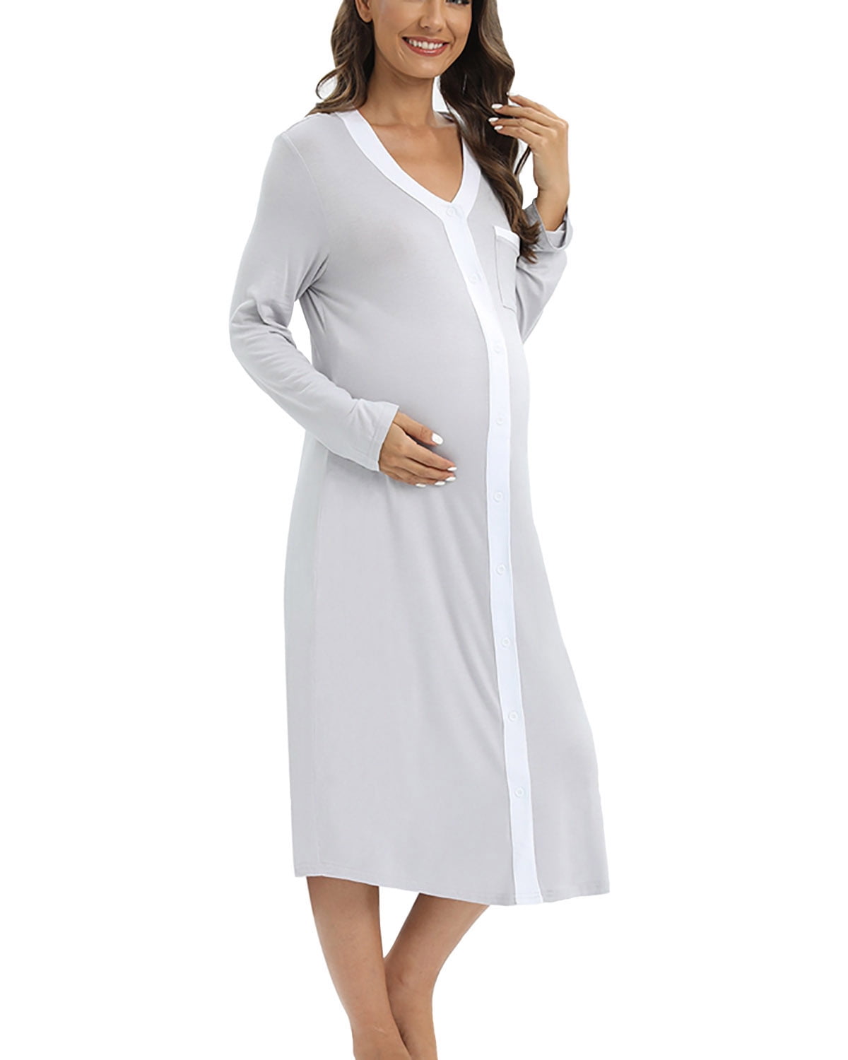 Women Button Down Breastfeeding Nightgown,Long Sleeve Round Neck