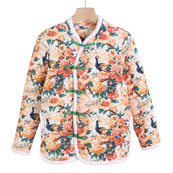 Women Button Down Collared Floral Print Long Sleeve Shirts Fall Winter Casual Jackets with Pockets White 5XL