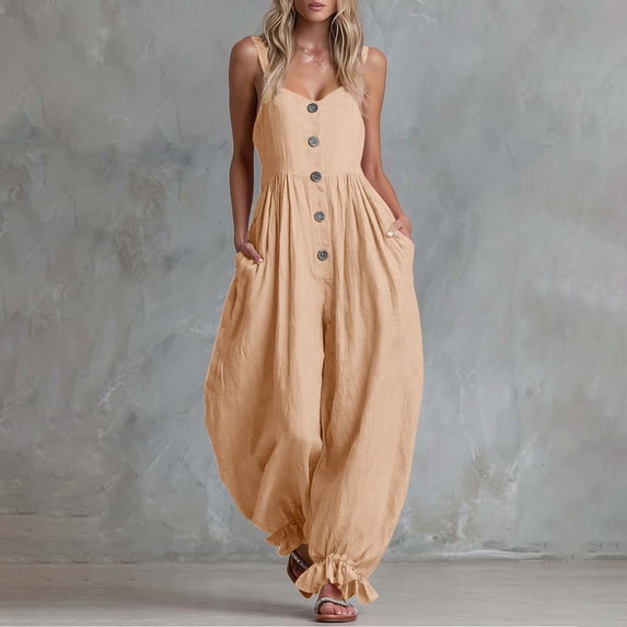 Women Button Down Cotton Jumpsuits Plain Strap Sleeveless Casual Wide Legs Rompers Loose Overall with Pockets
