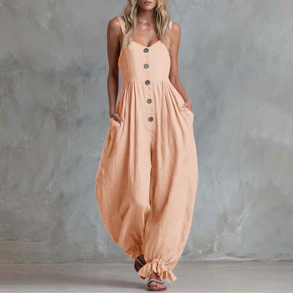 Women Button Down Cotton Jumpsuits Plain Strap Sleeveless Casual Wide Legs Rompers Loose Overall with Pockets