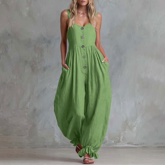 Women Button Down Cotton Jumpsuits Plain Strap Sleeveless Casual Wide Legs Rompers Loose Overall with Pockets