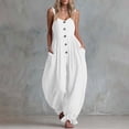 thumbnail image 1 of Women Button Down Cotton Jumpsuits Plain Strap Sleeveless Casual Wide Legs Rompers Loose Overall with Pockets, 1 of 6