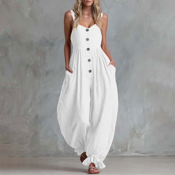 Women Button Down Cotton Jumpsuits Plain Strap Sleeveless Casual Wide Legs Rompers Loose Overall with Pockets