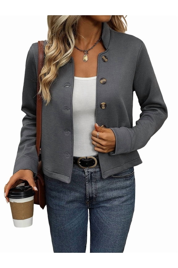 Women Button Down Cropped Jacket Long Sleeve Casual Jackets Fall Trendy Retro Stand Collar Coats Dark Gray S