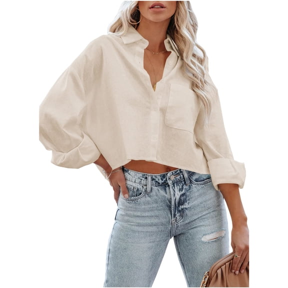 Women Button Down Cropped Shirts Long Sleeve Casual Solid Lapel Blouse