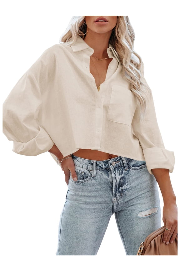 Women Button Down Cropped Shirts Long Sleeve Casual Solid Lapel Blouse