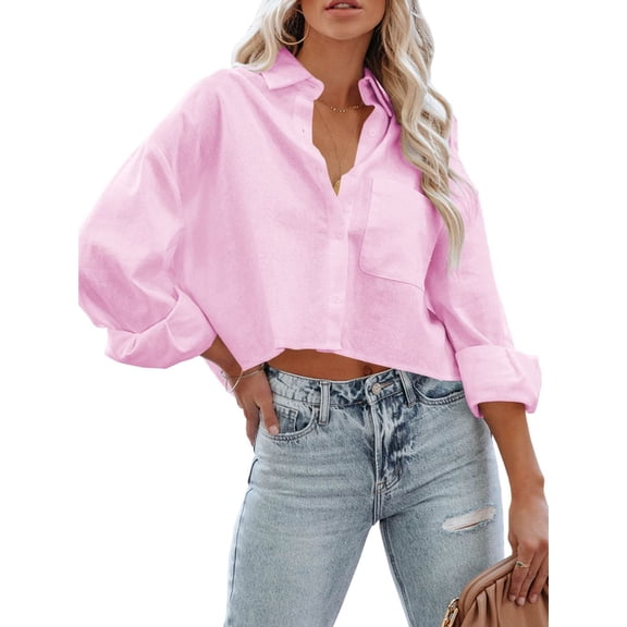 Women Button Down Cropped Shirts Long Sleeve Casual Solid Lapel Blouse