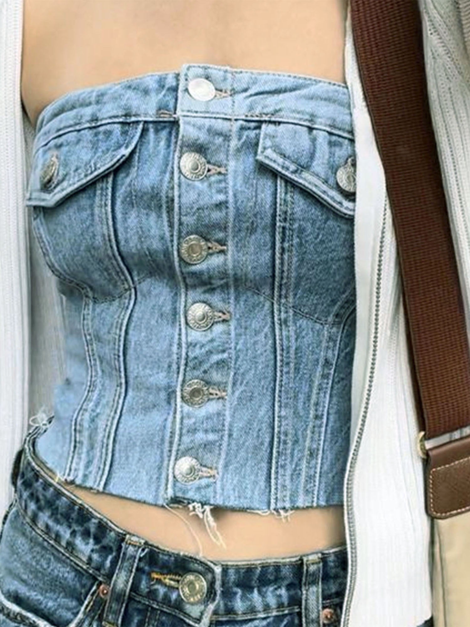 Women Button Down Denim Bustier Crop Strapless Jeans Corset Backless Push  Up Tank Tops Vintage Streetwear 