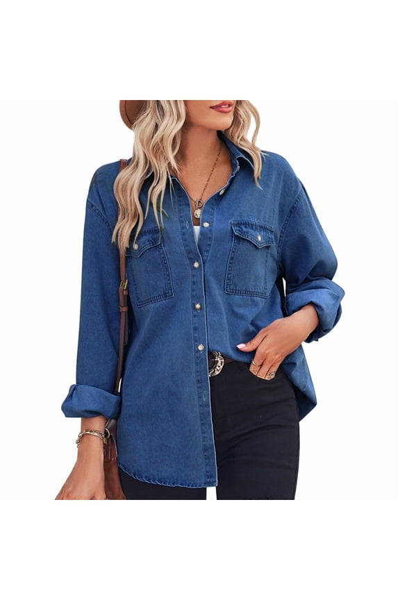 Women Button Down Denim Shirts Casual Long Sleeve V Neck Chambray Blouse Top Dark Blue XL