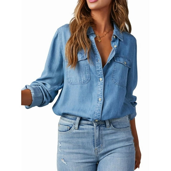 Women Button Down Denim Shirts Casual Long Sleeve V Neck Chambray Blouse Top Dark Blue XL