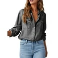 thumbnail image 1 of Women Button Down Denim Shirts Casual Long Sleeve V Neck Chambray Blouse Top Dark Gray L, 1 of 8