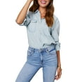 thumbnail image 1 of Women Denim Shirts Button Down Blouse V Neck Casual Tops Light Blue L, 1 of 9
