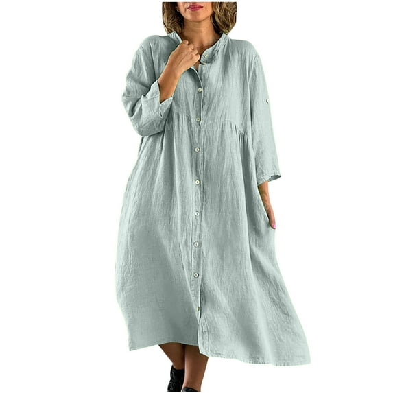 Women Button Down Dress Loose Summer Cotton Linen Dress Ruffle Hem Casual Dress Short Sleeve Tunic Dress Gray XXXL