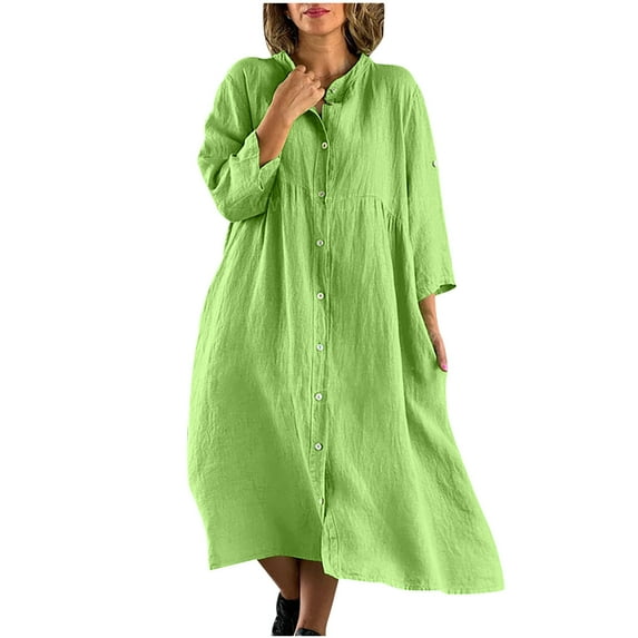 Women Button Down Dress Loose Summer Cotton Linen Dress Ruffle Hem Casual Dress Short Sleeve Tunic Dress Green XXL