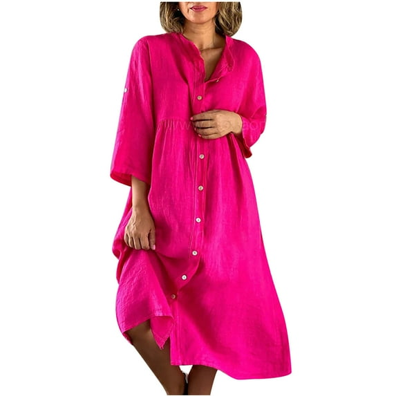 Women Button Down Dress Loose Summer Cotton Linen Dress Ruffle Hem Casual Dress Short Sleeve Tunic Dress Hot Pink XL
