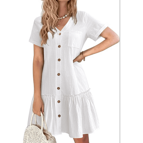 Women Button Down Dress Loose Summer Cotton Linen Dress Ruffle Hem Casual Dress Short Sleeve Tunic Dress