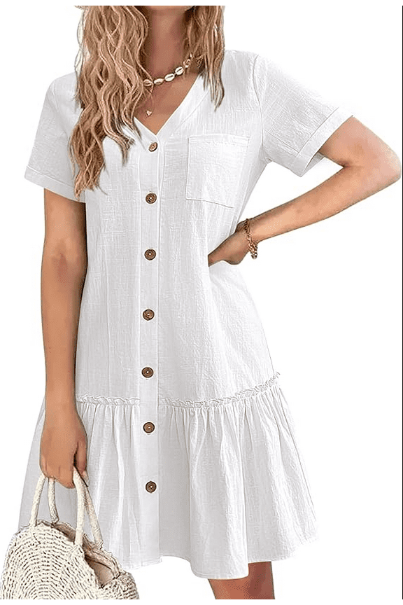 Women Button Down Dress Loose Summer Cotton Linen Dress Ruffle Hem Casual Dress Short Sleeve Tunic Dress