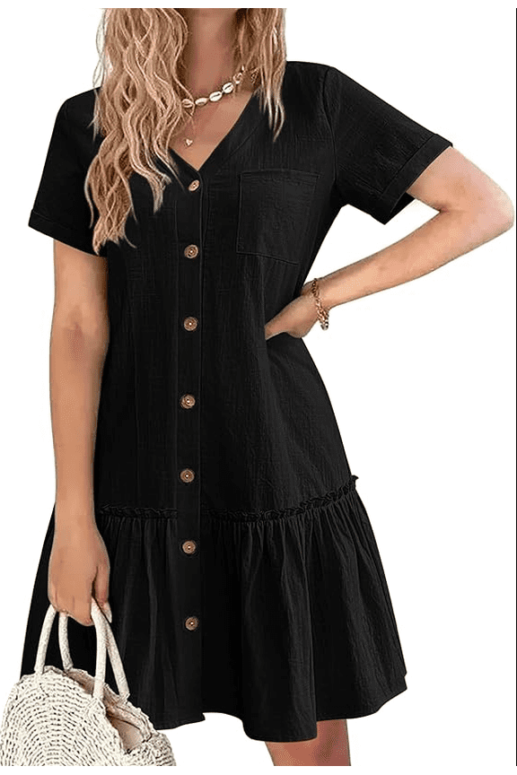 Women Button Down Dress Loose Summer Cotton Linen Dress Ruffle Hem Casual Dress Short Sleeve Tunic Dress