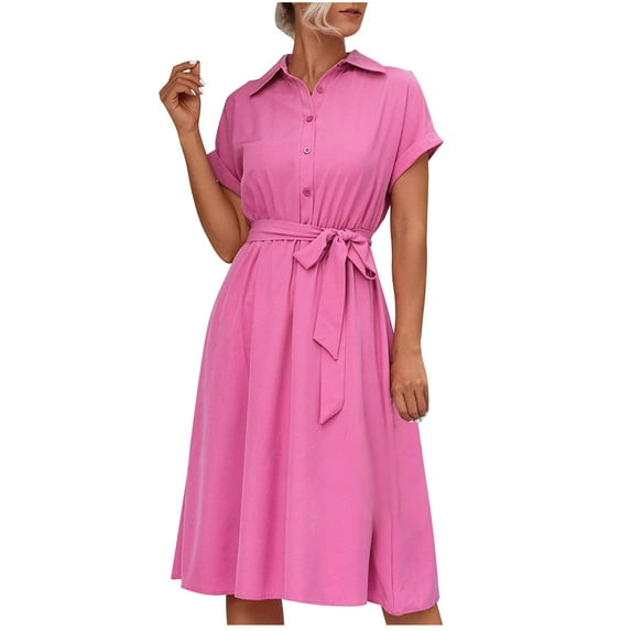 Women Button Down Dress with Belt Lapel Collared Short Sleeve Shirts Dressy Casual Summer Knee Length Dress (Small, Hot Pink)