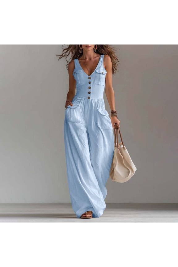Women Button Down Jumpsuits Plain V Neck Sleeveless Casual Wide Legs Rompers Loose Overall with Pockets