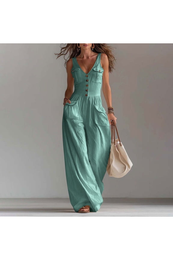 Women Button Down Jumpsuits Plain V Neck Sleeveless Casual Wide Legs Rompers Loose Overall with Pockets