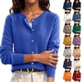 thumbnail image 1 of Women Button Down Knit Cardigan Long Sleeve Crew Neck Basic Layering Knitted Sweater Tops Blue M, 1 of 6