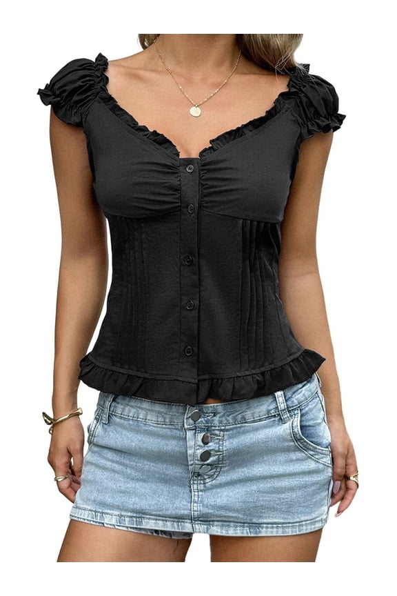 Women Button Down Lace Top V Neck Ruffle Low Cut Cap Sleeved Babydoll Cute Shirt Slim Fit Blouse Black XL