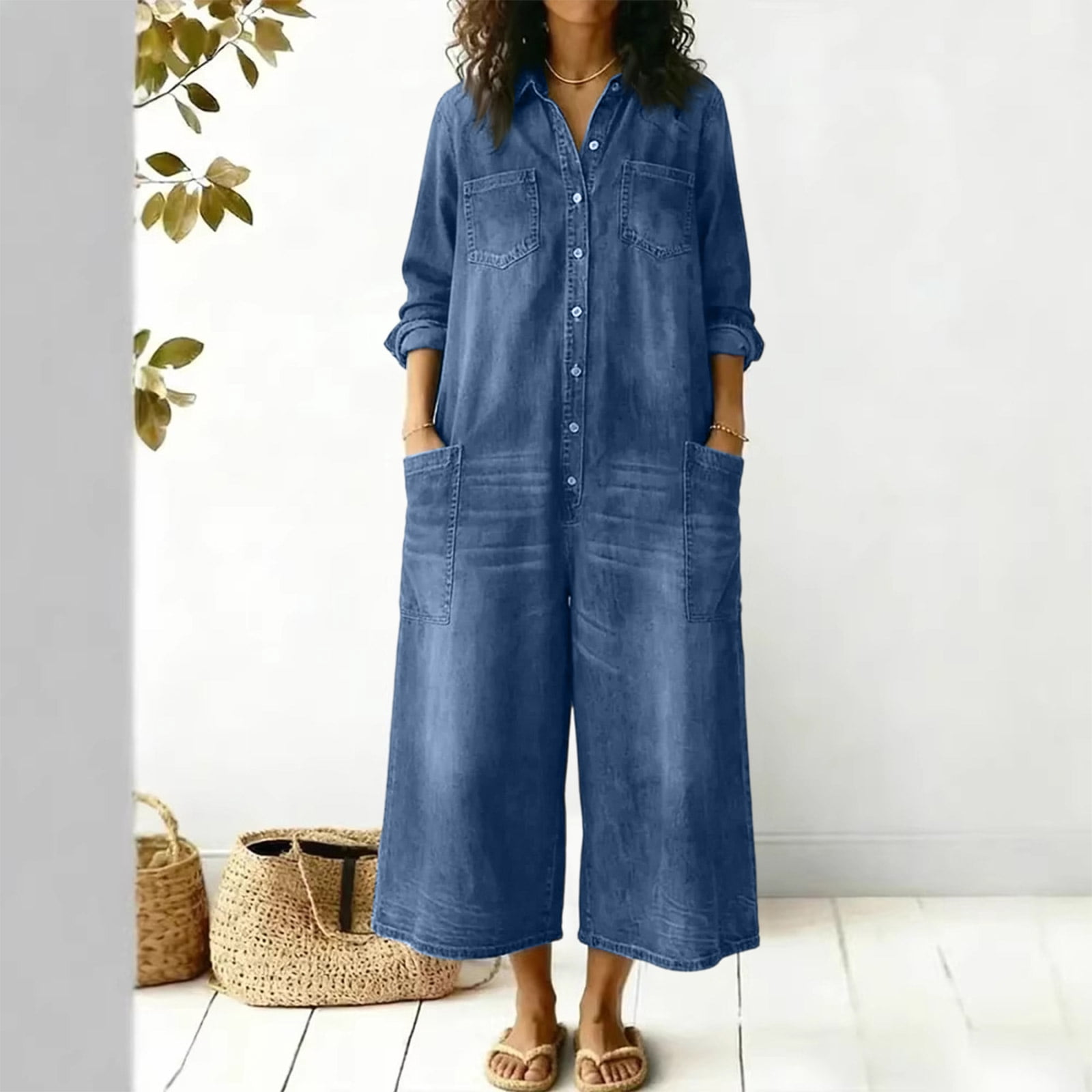 Women Button Down Long Sleeve Wide Leg Jumpsuit Beach Palazzo Pants One ...