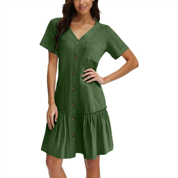 Women Button Down Loose Summer Shirt Dress - Ruffle, Casual Tunic Dress, Multiple Colors, S - XL Sizes