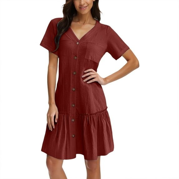Women Button Down Loose Summer Shirt Dress - Ruffle, Casual Tunic Dress, Multiple Colors, S - XL Sizes