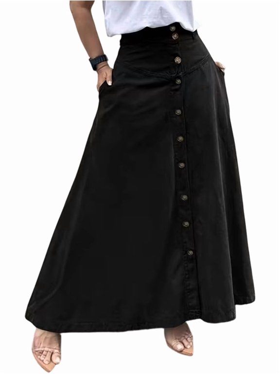 Women Button Down Maxi Skirts High Waist A-Line Pleated Long Skirts with Pockets Black L