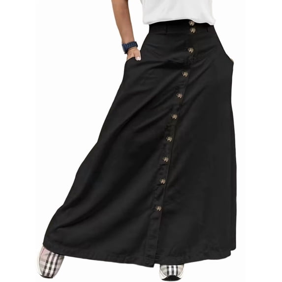 Women Button Down Maxi Skirts High Waist A-Line Pleated Long Skirts with Pockets Black S