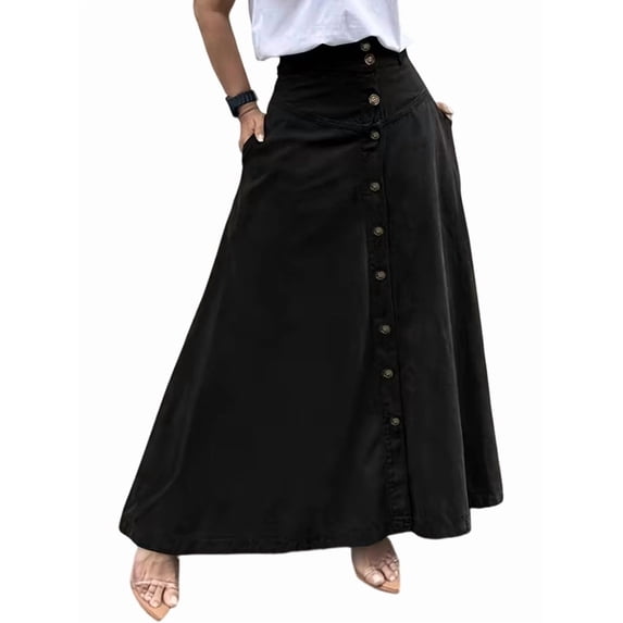 Women Button Down Maxi Skirts High Waist A-Line Pleated Long Skirts with Pockets Black XL