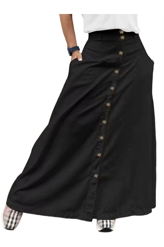 Women Button Down Maxi Skirts High Waist A-Line Pleated Long Skirts with Pockets Black XXL