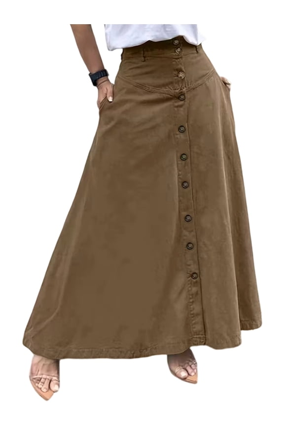 Women Button Down Maxi Skirts High Waist A-Line Pleated Long Skirts with Pockets Brown XL