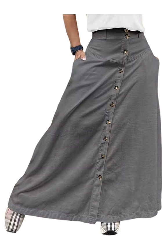 Women Button Down Maxi Skirts High Waist A-Line Pleated Long Skirts with Pockets Gray L