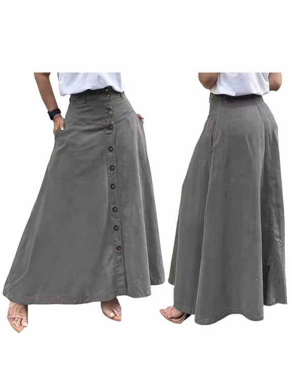 Women Button Down Maxi Skirts High Waist A-Line Pleated Long Skirts with Pockets Gray S