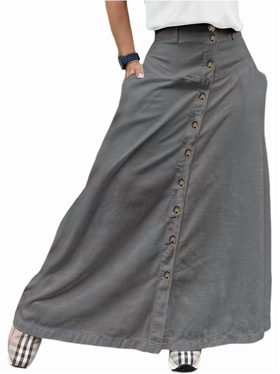 Women Button Down Maxi Skirts High Waist A-Line Pleated Long Skirts with Pockets Gray S