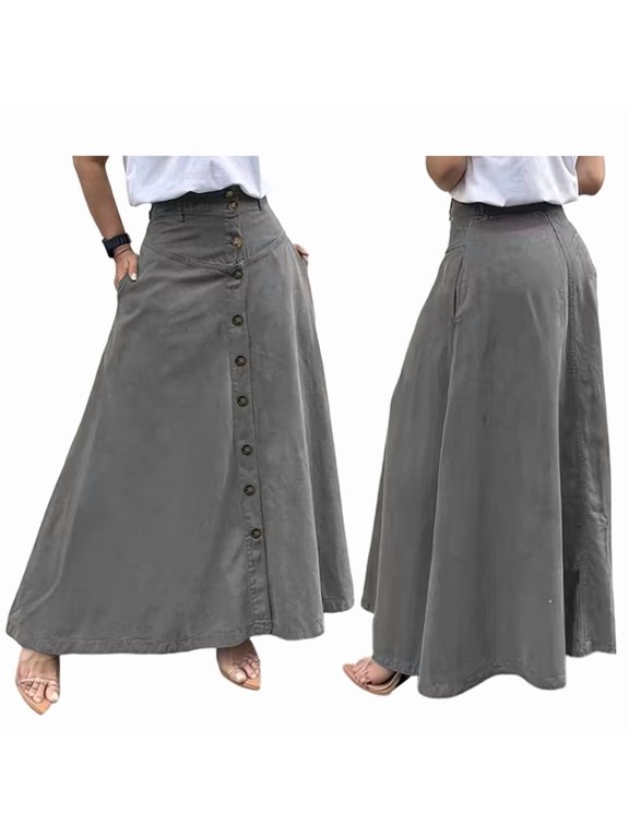 Women Button Down Maxi Skirts High Waist A-Line Pleated Long Skirts with Pockets Gray XXL