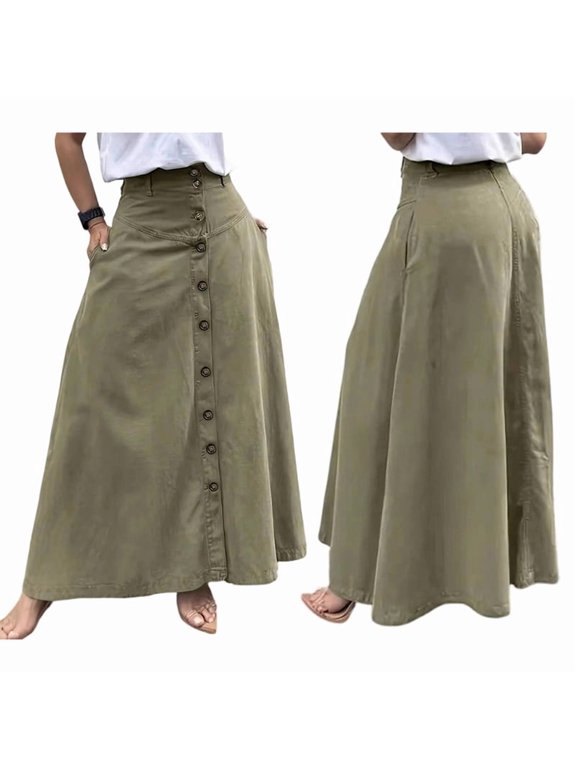 Women Button Down Maxi Skirts High Waist A-Line Pleated Long Skirts with Pockets Green M