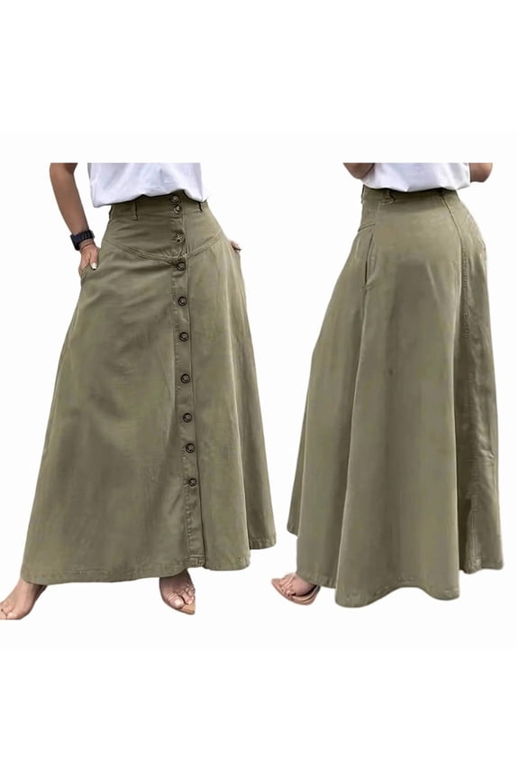 Women Button Down Maxi Skirts High Waist A-Line Pleated Long Skirts with Pockets Green M