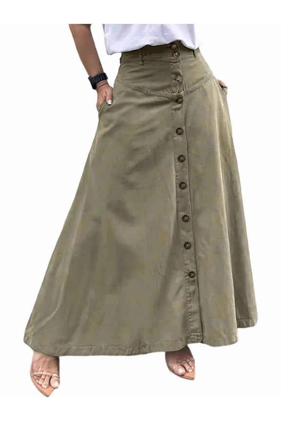 Women Button Down Maxi Skirts High Waist A-Line Pleated Long Skirts with Pockets Green M