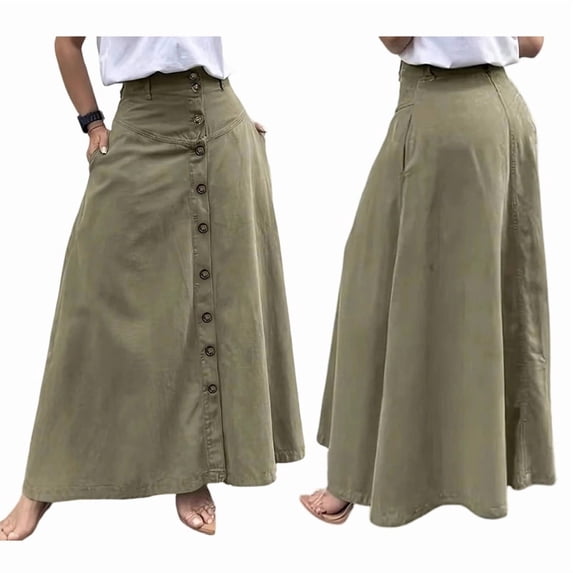 Women Button Down Maxi Skirts High Waist A-Line Pleated Long Skirts with Pockets Green S