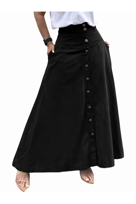 Women Button Down Maxi Skirts High Waist A-Line Pleated Long Skirts with Pockets