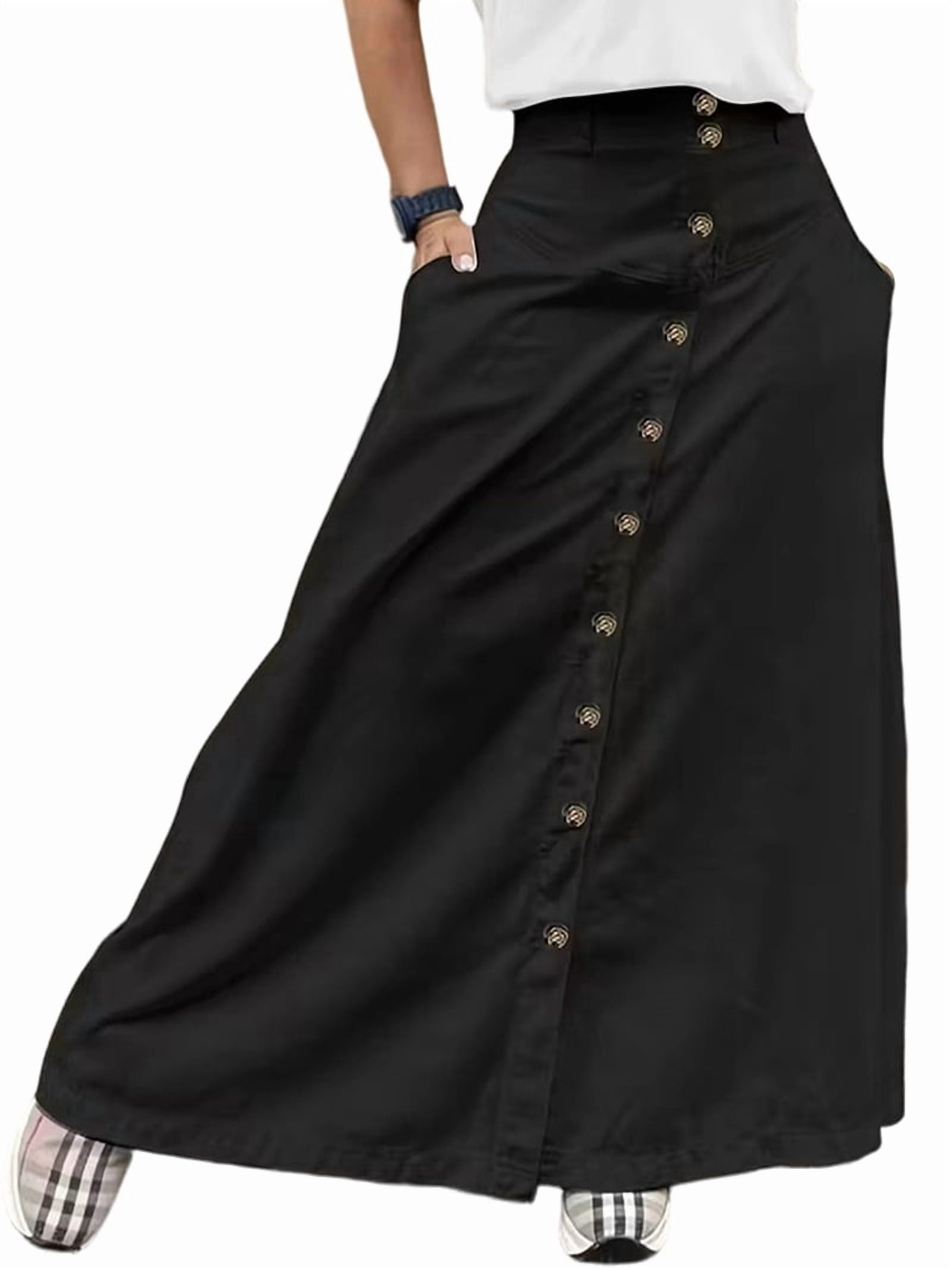 Women Button Down Maxi Skirts High Waist A-Line Pleated Long