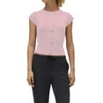 thumbnail image 1 of Women Button Down Ribbed Short Sleeve Shirts Fitted Knit Cropped Cardigan Sweaters Pink L, 1 of 2