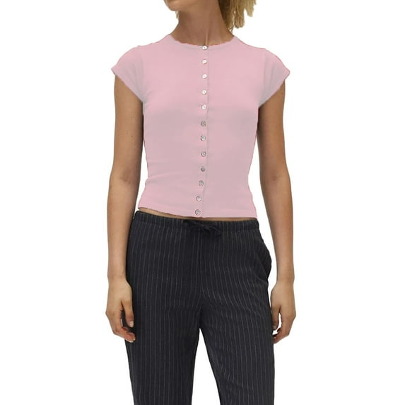 Women Button Down Ribbed Short Sleeve Shirts Fitted Knit Cropped Cardigan Sweaters Pink M