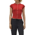 thumbnail image 1 of Women Button Down Ribbed Short Sleeve Shirts Fitted Knit Cropped Cardigan Sweaters Red M, 1 of 3
