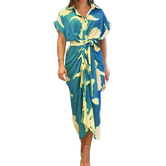 Women Button Down Ruched Shirt Dress Short Sleeve Lapel V Neck Elegant Party Maxi Floral Dress with Belt Blue XXL