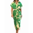 thumbnail image 1 of Women Button Down Ruched Shirt Dress Short Sleeve Lapel V Neck Elegant Party Maxi Floral Dress with Belt Green L, 1 of 5